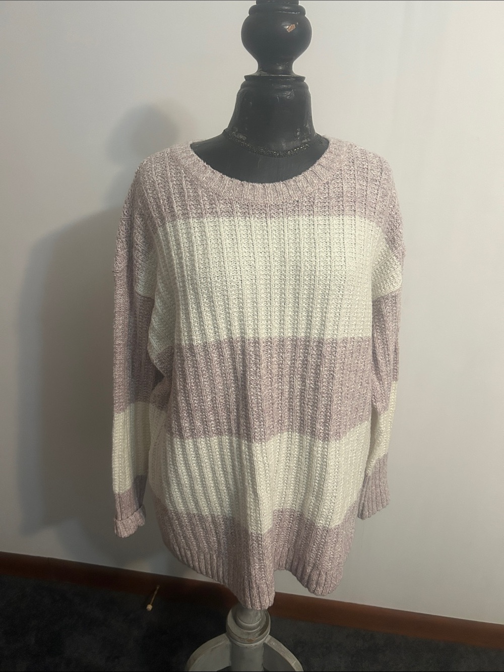 Christopher & Banks Striped Crewneck Sweater - Pink and Cream